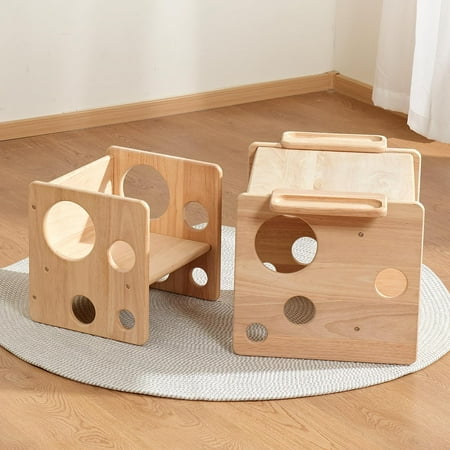 4 Pieces Kids Triangle Table and Chair Set, Multiple Use Wooden Children Chair Desk, Mini Solid Wood Climbing Toys for Toddlers, Montessori Table Kids Chair, Wood Furniture for 1+ Year Old