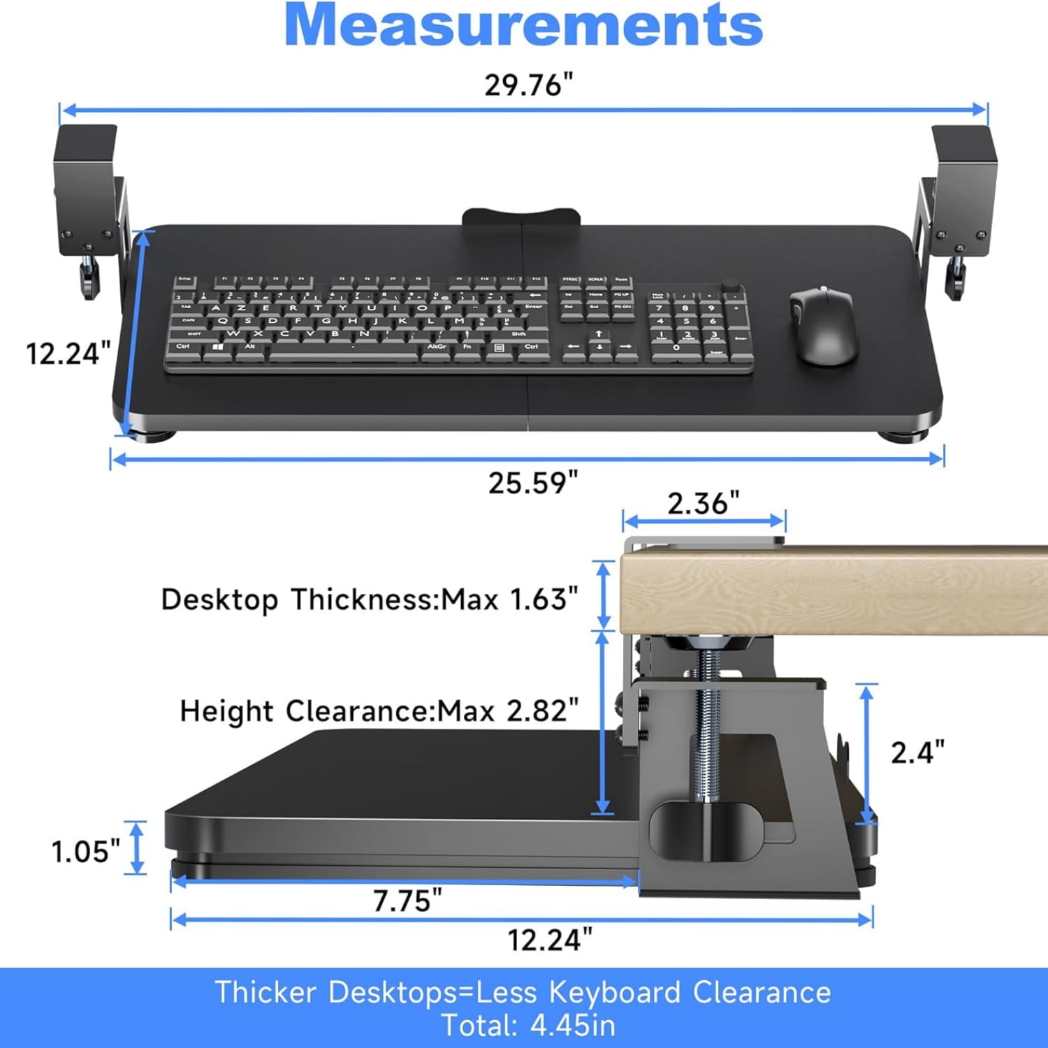 Keyboard Tray Under Desk Large C-Clamp 25.6” (30” Including Clamps) x 11.8” Slide-Out Platform Computer Drawer Pull Out Keyboard & Mouse Tray Black DSF4