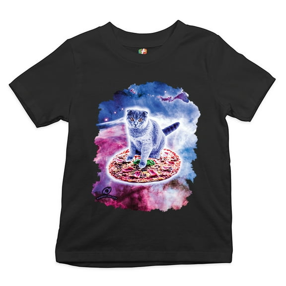 Tee Hunt Cute Cat Riding a Pizza in Galaxy Youth T-Shirt Funny Kitty Space Kitten Kids