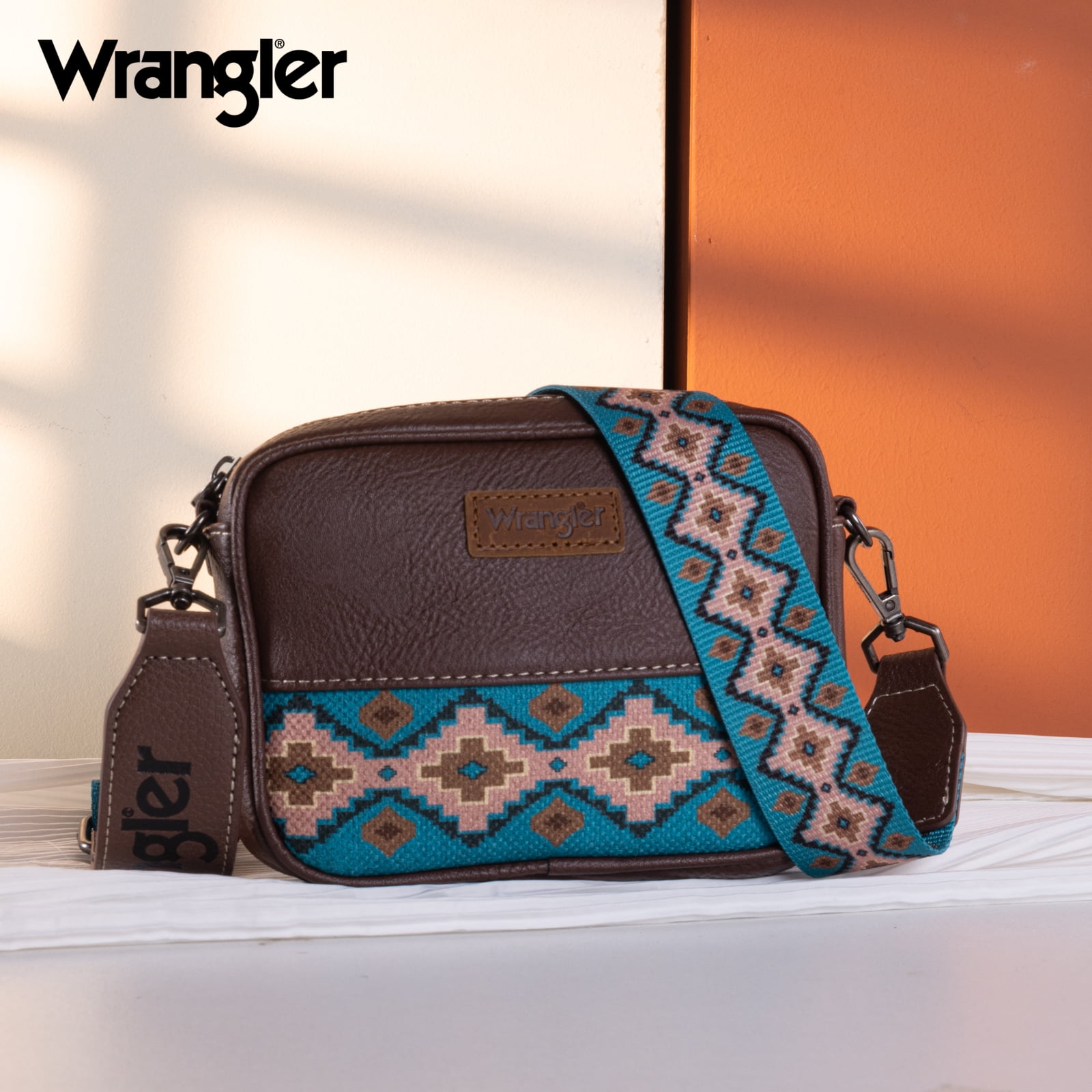 Wrangler Crossbody Bag for Women Aztec Mini Crossover Purse with Guitar Strap, Coffee With Turquoise