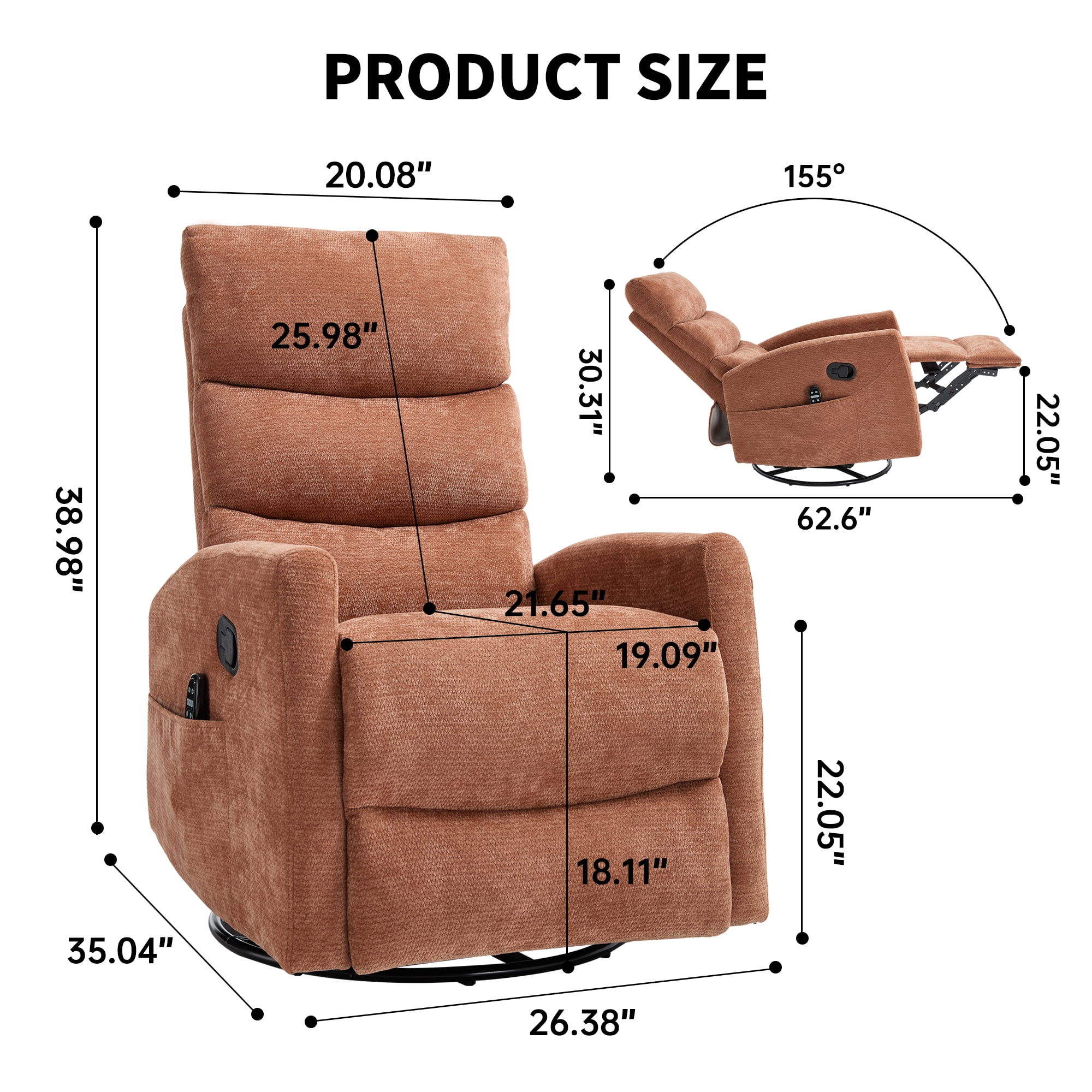 Aukfa 360° Swivel Recliner Rocking Chair with Massage and Heat for Living Room & Nursery, Chenille, Orange