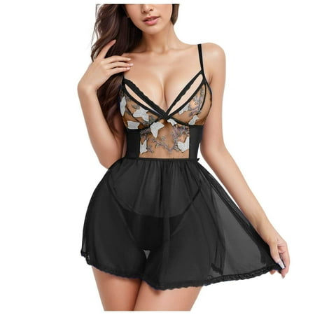 Yuhangmm Embroidery Lace Mesh Backless Nightdress Side Cut Short Skirt Sheer Lingerie Robe for Women