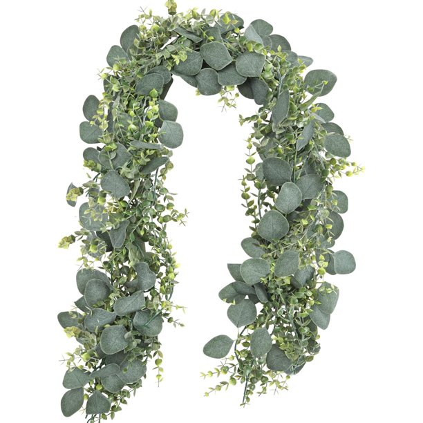 POWKOL - Guirnalda de eucalipto artificial de 1,6 m, guirnalda de primavera, guirnalda de hojas verdes de dólar de plata falsas, camino de mesa, para decoración de pared de repisa de boda, hogar,