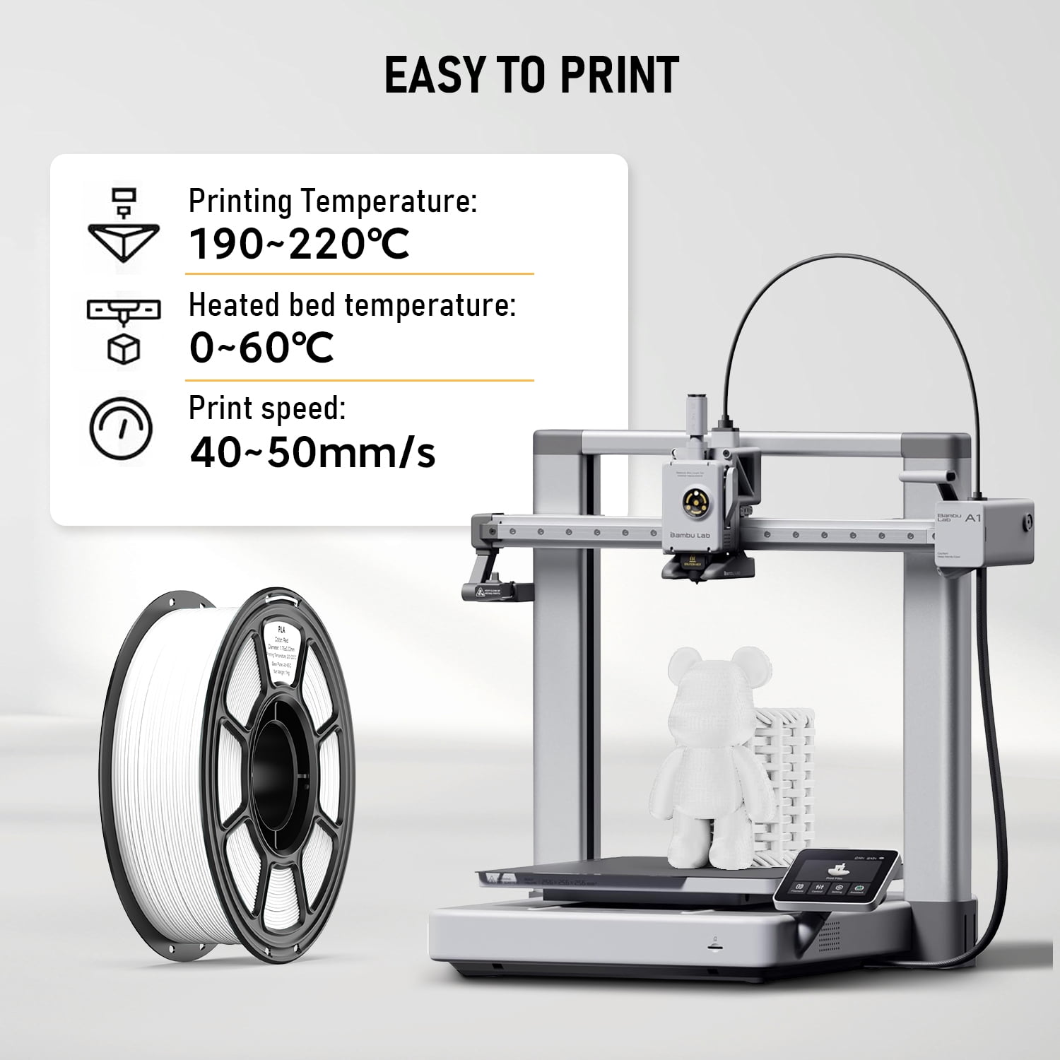 White PLA 3D Printer Filament 1.75mm, 1KG Spool, +/- 0.02mm Dimensional Accuracy, No-Clogging & Easy to Print,Works With 99% Of FDM 3d Printers
