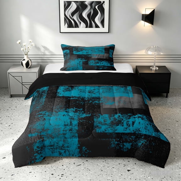 Manfei Ombre Grunge Twin Comforter Sets, Teal Black Oil Painting Bedding Set, Black Reversible 2 Pieces, 1 Comforter and 1 Pillowcase