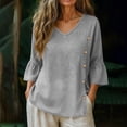 thumbnail image 3 of LangJing 2026 Linen Tunic Tops for Women Summer Loose Fit Side Buttons Blouses 3/4 Bell Sleeve Dressy Casual Cotton Shirts Gray,L, 3 of 3