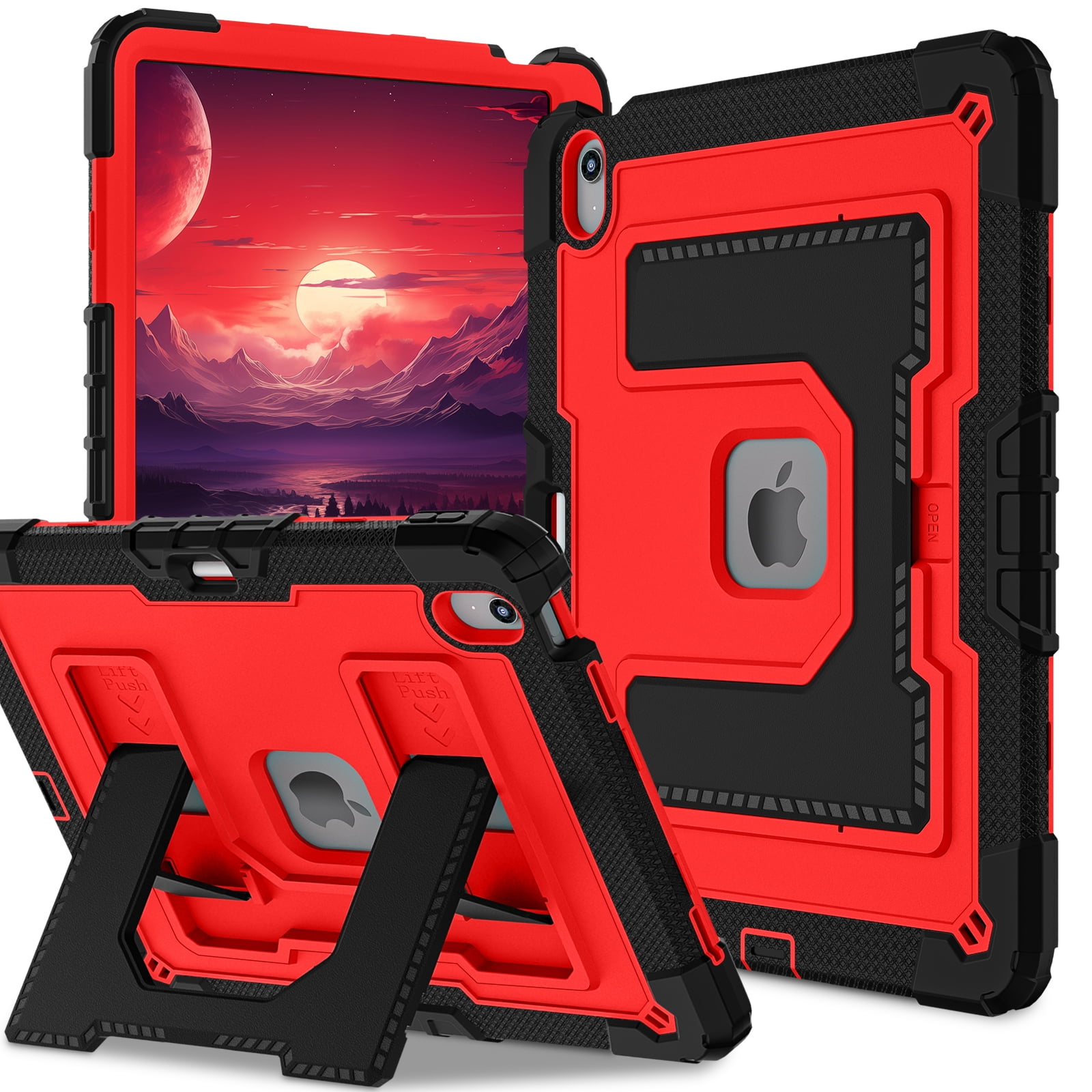 ELEHOLD 3-Layer Rugged Case For Apple iPad Air 13‑inch (M4) 2026, Heavy Duty Shockproof Logo Visible Foldable Kickstand Drop Protection Cover with Pencil Holder + Shoulder Strap, Black+Red