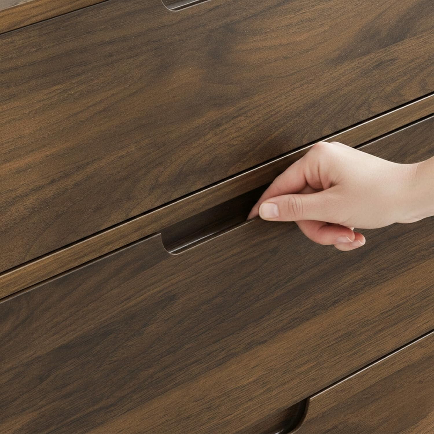 47" Wide Wooden Dresser for Bedroom, Mid-Century Modern 6 Drawer Double Dresser with Natural Wood Grain, Large Horizontal Storage Chest for Living Room, Anti-Tip Kit, Dark Walnut