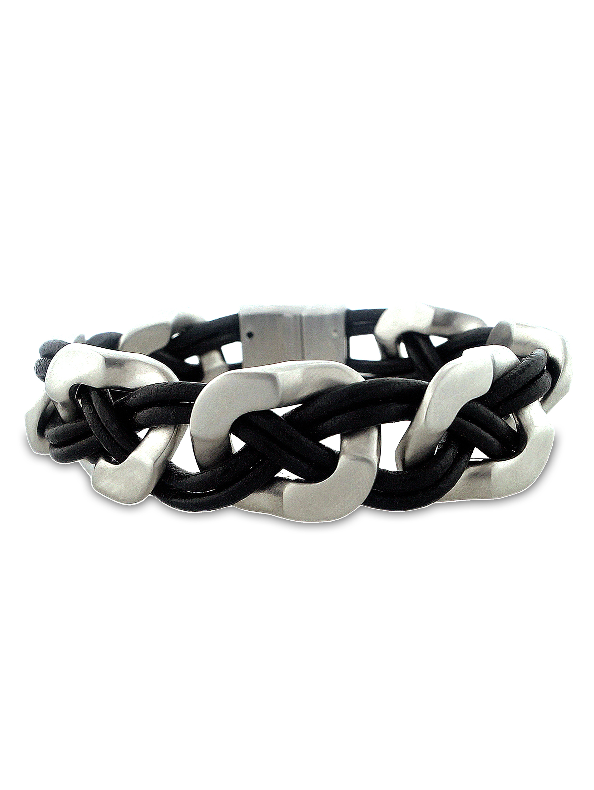 Men's Stainless Steel and Leather Link Bracelet, 8.5"