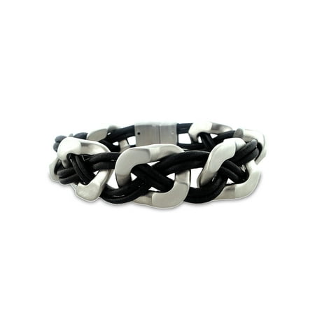 Men's Stainless Steel and Leather Link Bracelet, 8.5