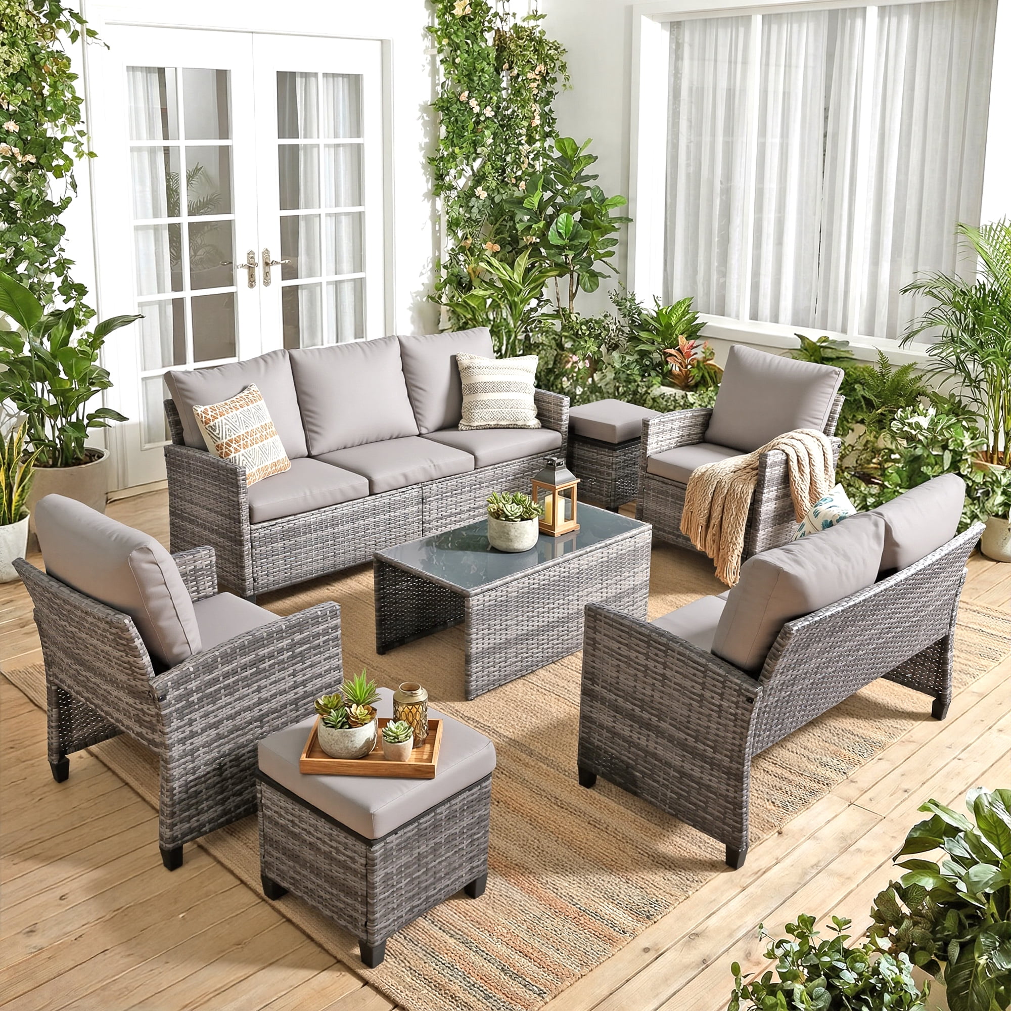 Outdoor Patio Furniture Sets Wicker Conversation Set PE Rattan Sectional Sofa Couch with Ottomans, and Coffee Table for Backyard, Porch and Garden(gray&gray)