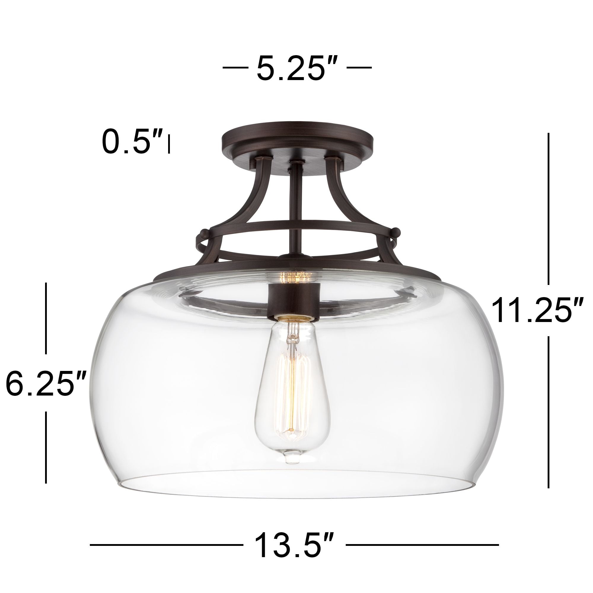Franklin Iron Works Charleston Industrial Modern Farmhouse Ceiling Light Semi Flush Mount Fixture 13 1/2" Wide Bronze LED Clear Glass for Bedroom Home