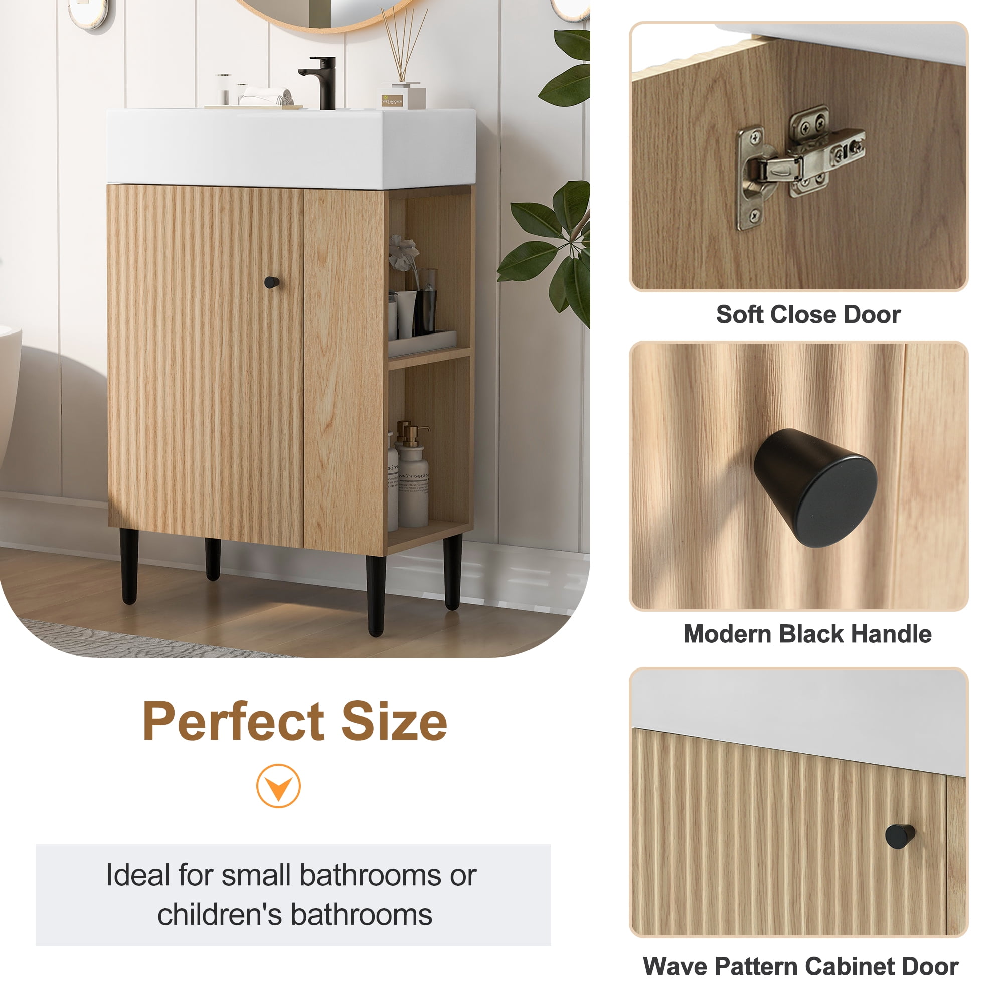 Euroco 21.6" Wood Bathroom vanity, Combo Cabinet, Bathroom Storage Cabinet, Single Ceramic Sink, Right side storage