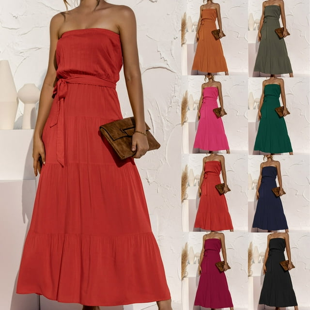 Gspmoly Robes d'Été pour Femmes, Robe de Printemps et d'Été pour Femmes à Dos Ouvert, à Volants, Unie, Décontractée, Sans Manches, à Épaules Droites, Robe de Cocktail Économies