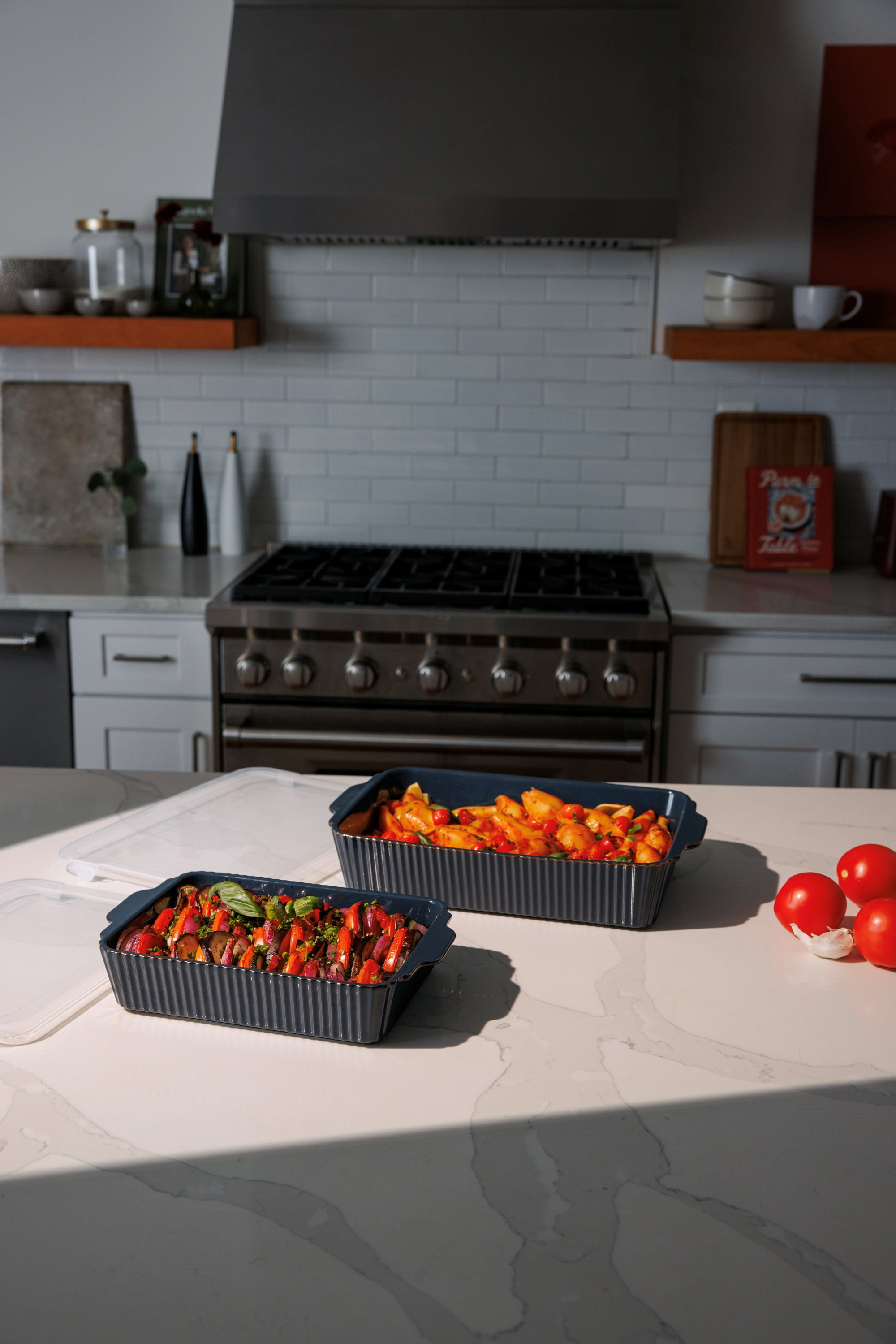 Thyme & Table 4-Piece Stoneware Bakeware Set, Includes Lids, 9"x13" , 7"x10" Bakers With Lids , Atlantic Blue Ribbed