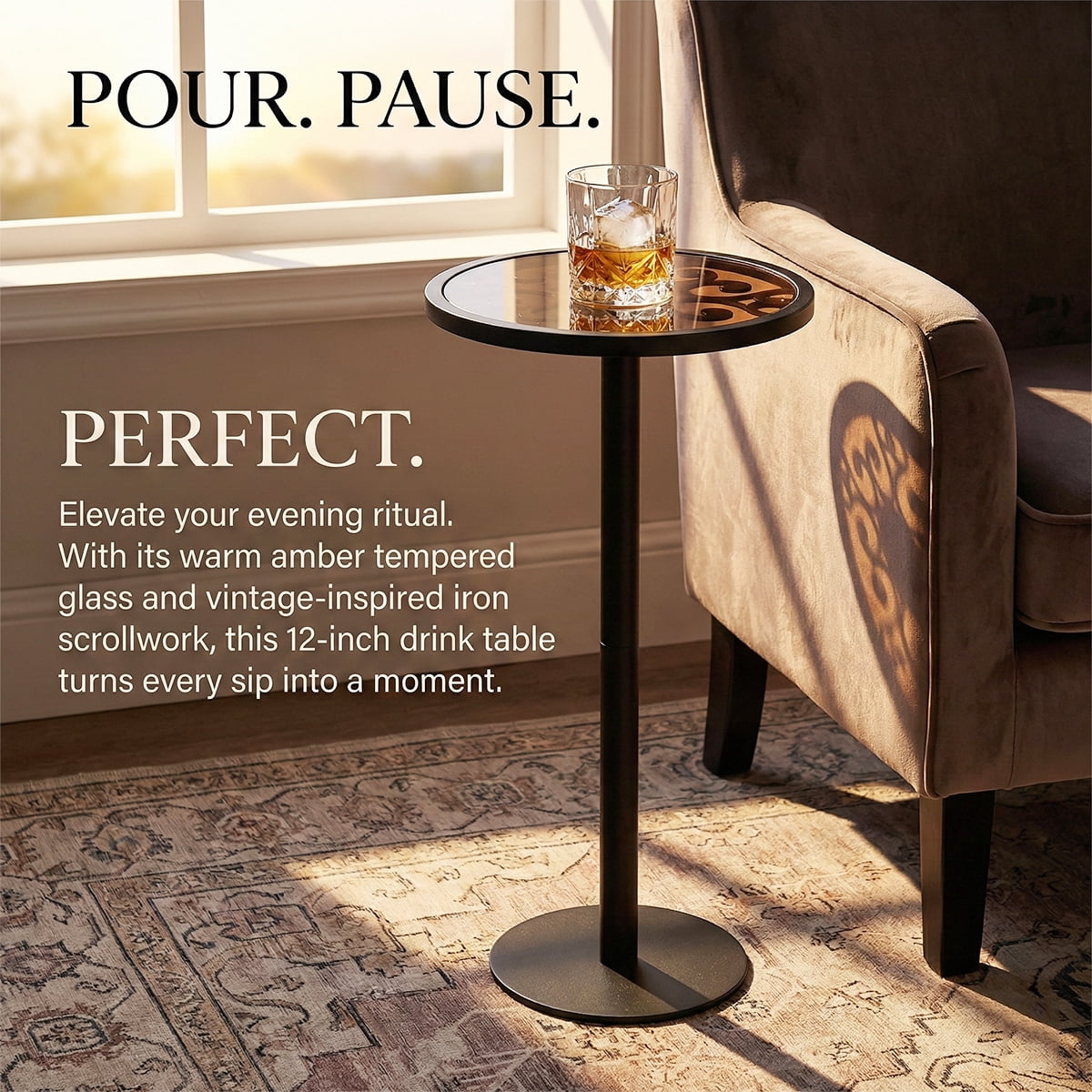 Black Drink Table, Indoor Outdoor Small Round Side Table with Glass Top & Vintage Scroll Design, 24.7" Pedestal End Table for Living Room, Patio, Industrial Modern Accent Table