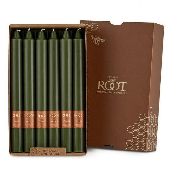 ROOT Candles Unscented Smooth Arista™ Taper Candles, 9-Inch Tall, Box of 12, Color: Dark Olive