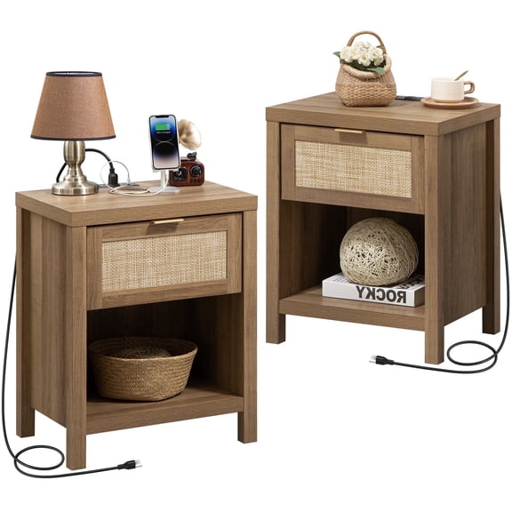 SICOTAS Rattan Nightstands Set of 2 with Charging Station, Farmhouse Beside Tables with Drawer&Shelf for Bedroom,Natural Oak
