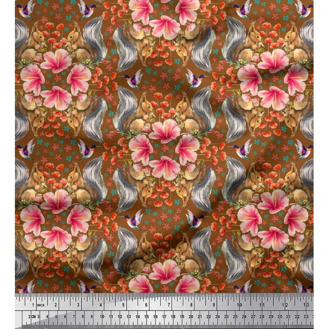 Soimoi Polyester Crepe Fabric Floral,Hummingbird & Squirrel Animal Fabric Prints by Yard 42 Inch Wide