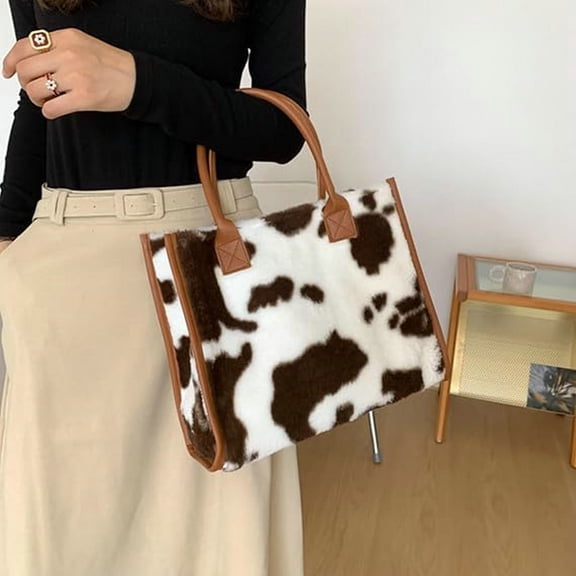 Cow Print Fuzzy Tote Bag for Women, Soft Plush Top Handle Handbag Fashion Cow Pattern Satchel Purse for Daily Shopping Work