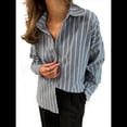 thumbnail image 3 of Camisas de Mujer con Botones, Blusas Clásicas A Rayas de Larga con Cuello y Bolsillo para Oficina Azul y Gris XL, 3 of 7
