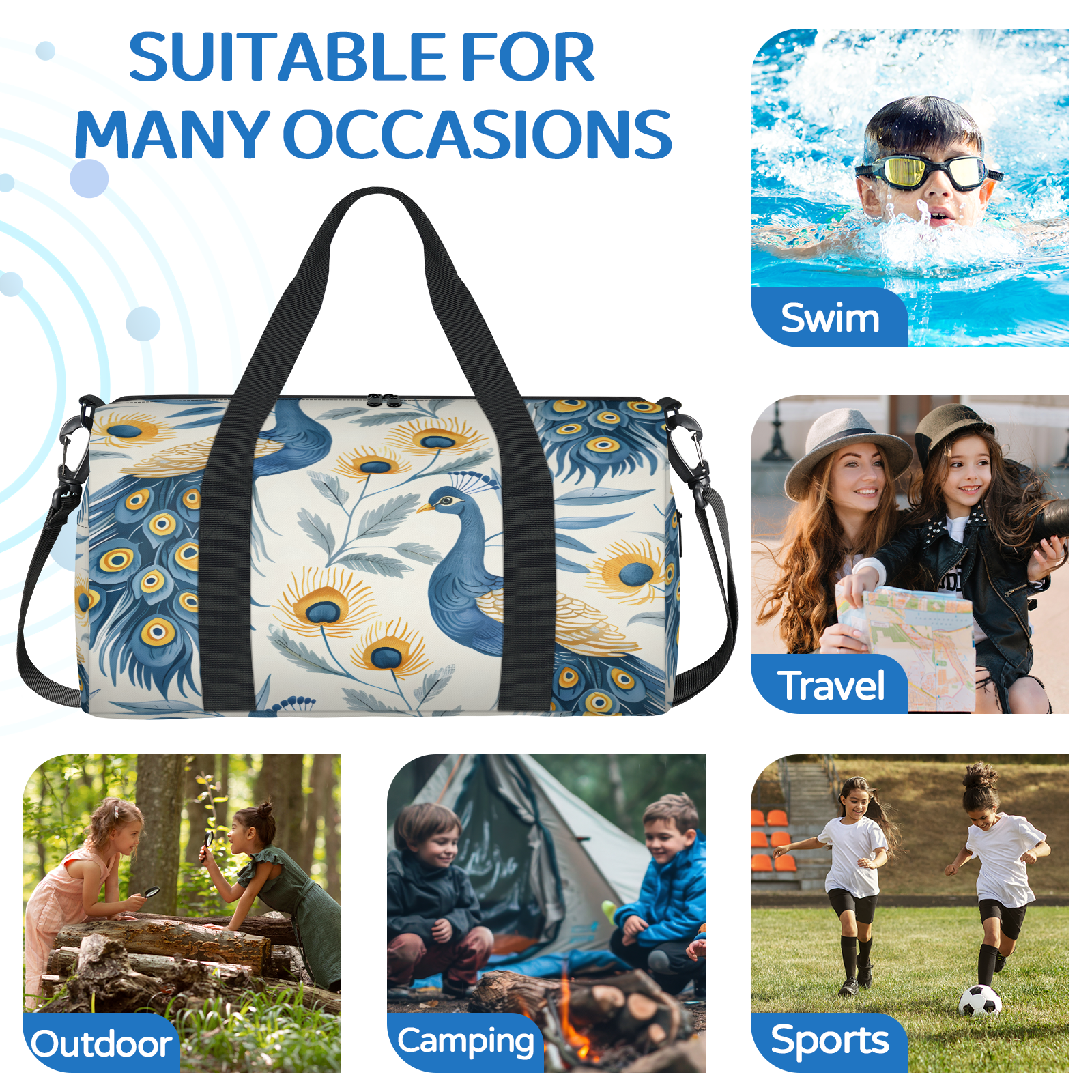 Herdesigns Peacock Travel Duffle Bag Sports Yoga Weekender Overnight Carry on Workout Bags Lightweight Waterproof Gym Tote Bag for Women Blue Bird