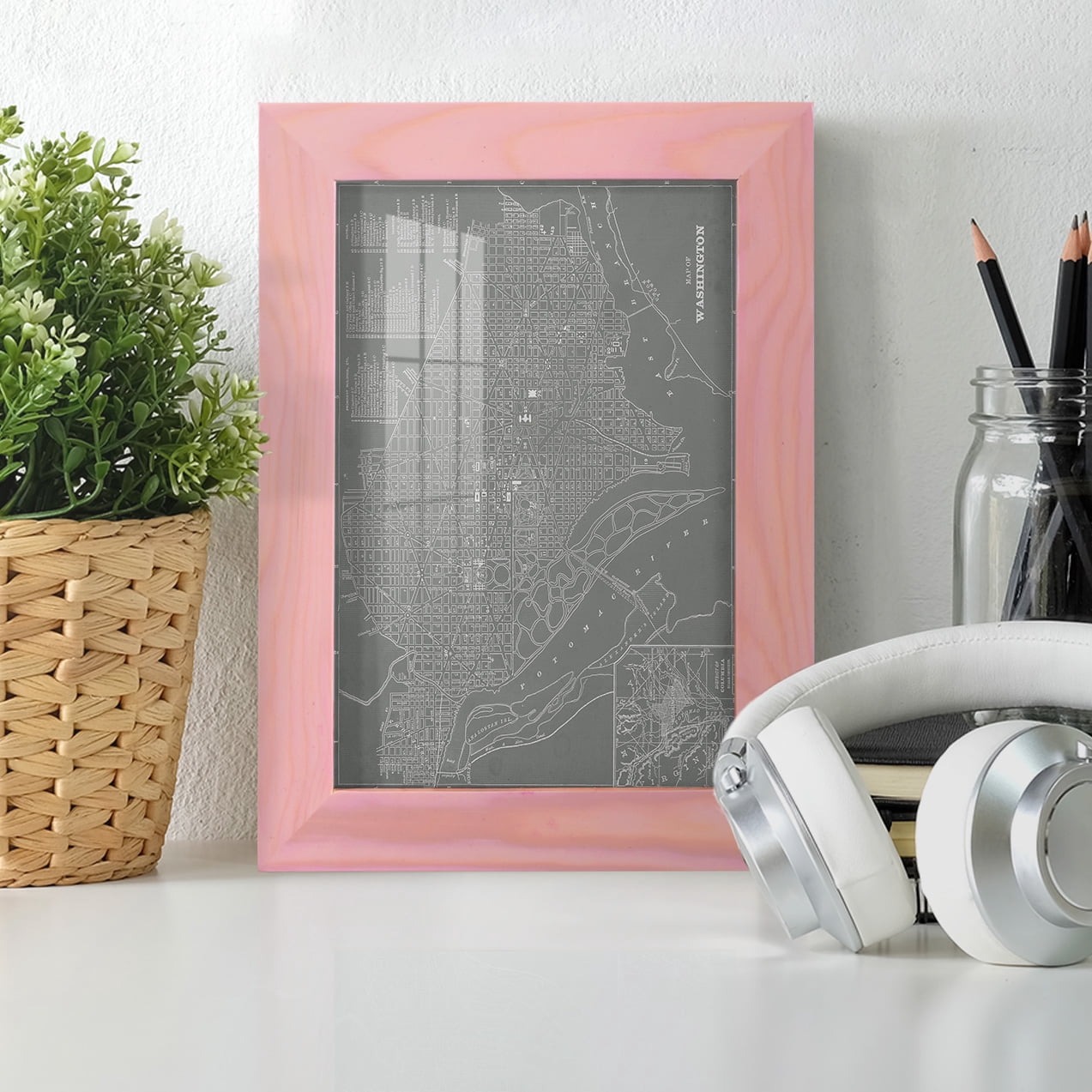 City Map of Washington D.C. -Framed Print w/glass-Sunset Pink