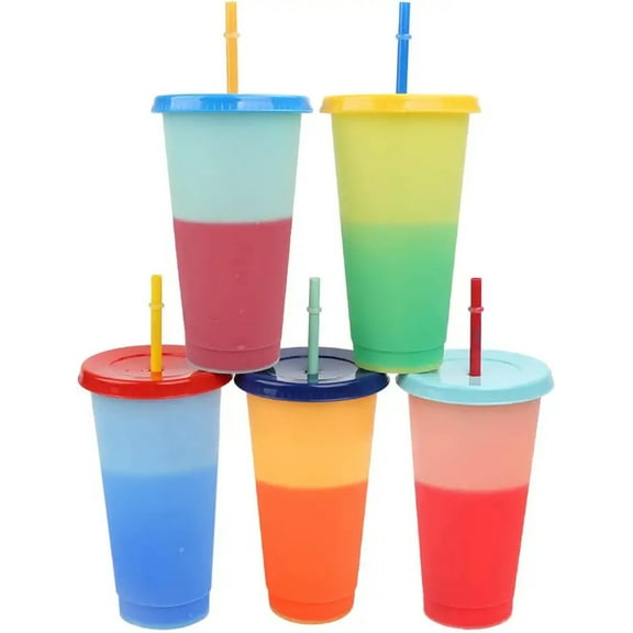 NOGIS Reusable Cups with Lids - Tal 5 Pack Color Changing Cups Summer Cold Cup with Lids and Straws 24 oz