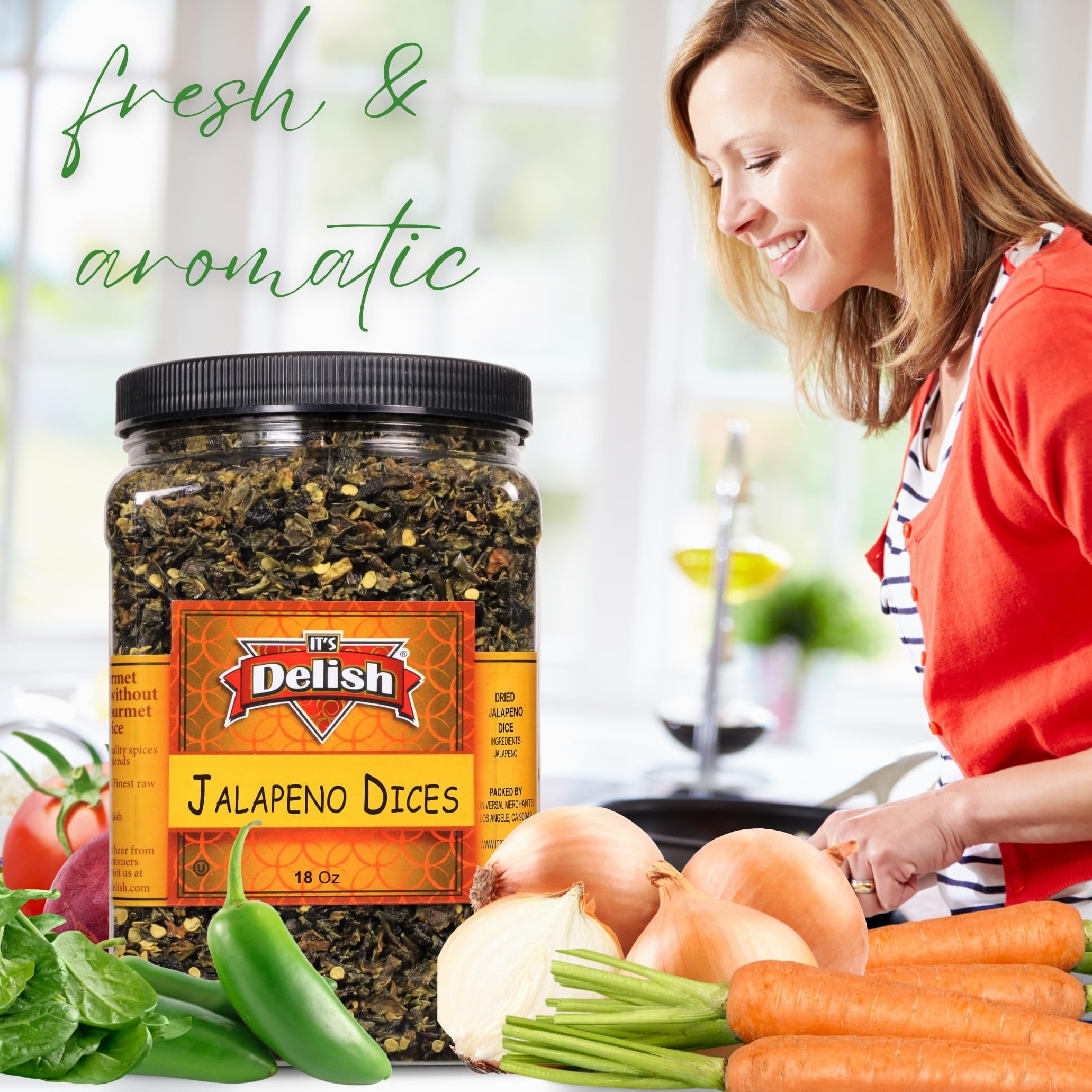 Dried Jalapeno Dices by It's Delish, 18 Oz Jumbo Container  Dehydrated Jalapenos  Diced Green Jalapeo Peppers for Chili and Sausage Making, Hot Spicy Foods  Ready to Cook Chopped Veggies  Kosher