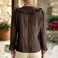 thumbnail image 4 of HaCpiu Women's Solid V-Neck Ruffle Blouse, Casual Loose Long Sleeve Tunic Shirt, Lightweight Flowy Tie-Front Top with Bell Cuffs, Brown M, 4 of 5