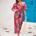 thumbnail image 4 of Usmixi Jumpsuits for Women Dressy Beach Vacation Elastic Waist off Shoulder Jumpsuits Overalls with Tie Summer Square Neck Short Sleeve Leaves Print Long Formal Rompers Red xxl, 4 of 6