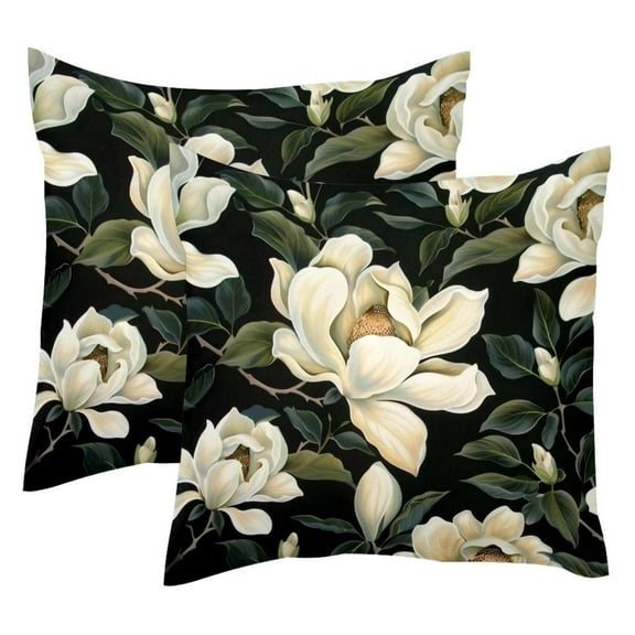 PhooArto White Magnolias Flower Pattern Set of 2 Throw Pillow Covers Cases - 16" x 16" Square Decorative Cushion Covers for Sofa Couch Bed Home Decoration