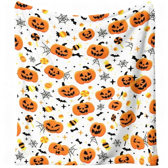 Halloween Throw Blanket - Soft Plush Spider Webs Bat Pumpkin Blanket - Cozy Flannel White Halloween Decoration for Party Sofa Bed Living Room