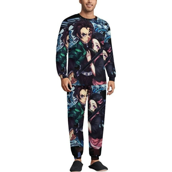 Demon Slayer Men's Lounge Pajamas Set 2-Piece Crew Neck Sleepwear Soft Long Sleeve Top & Pants for Sleep, Home & Vacation S