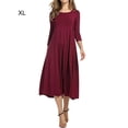thumbnail image 3 of Round Neck Mid-sleeve Solid Color Big Swing Dress Patchwork Stitching 3/4 Sleeve Round Neck Swing Mid-length Dress, 3 of 4