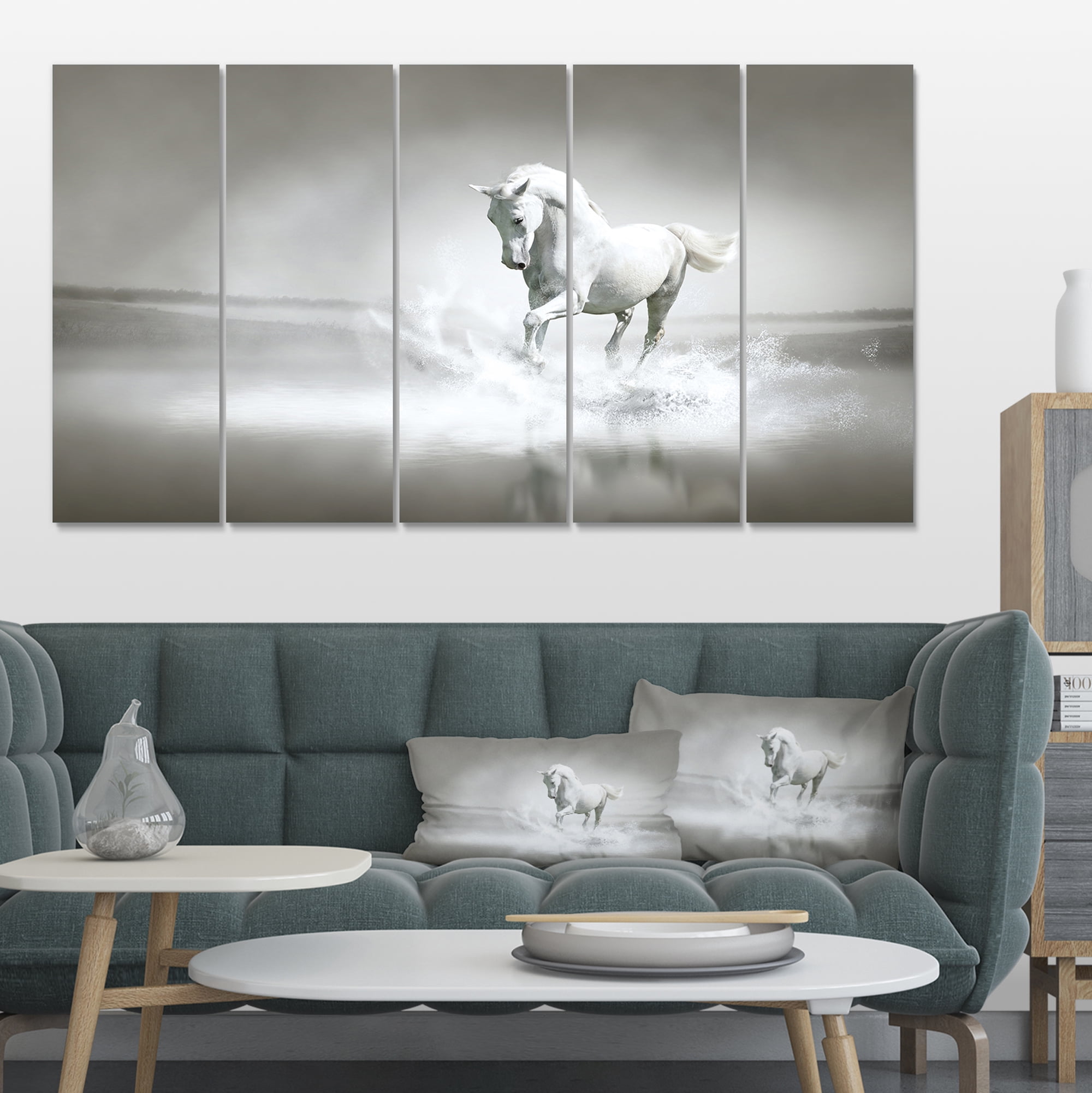 Designart 'White Horse Running in Water ' Animal Canvas Art Print