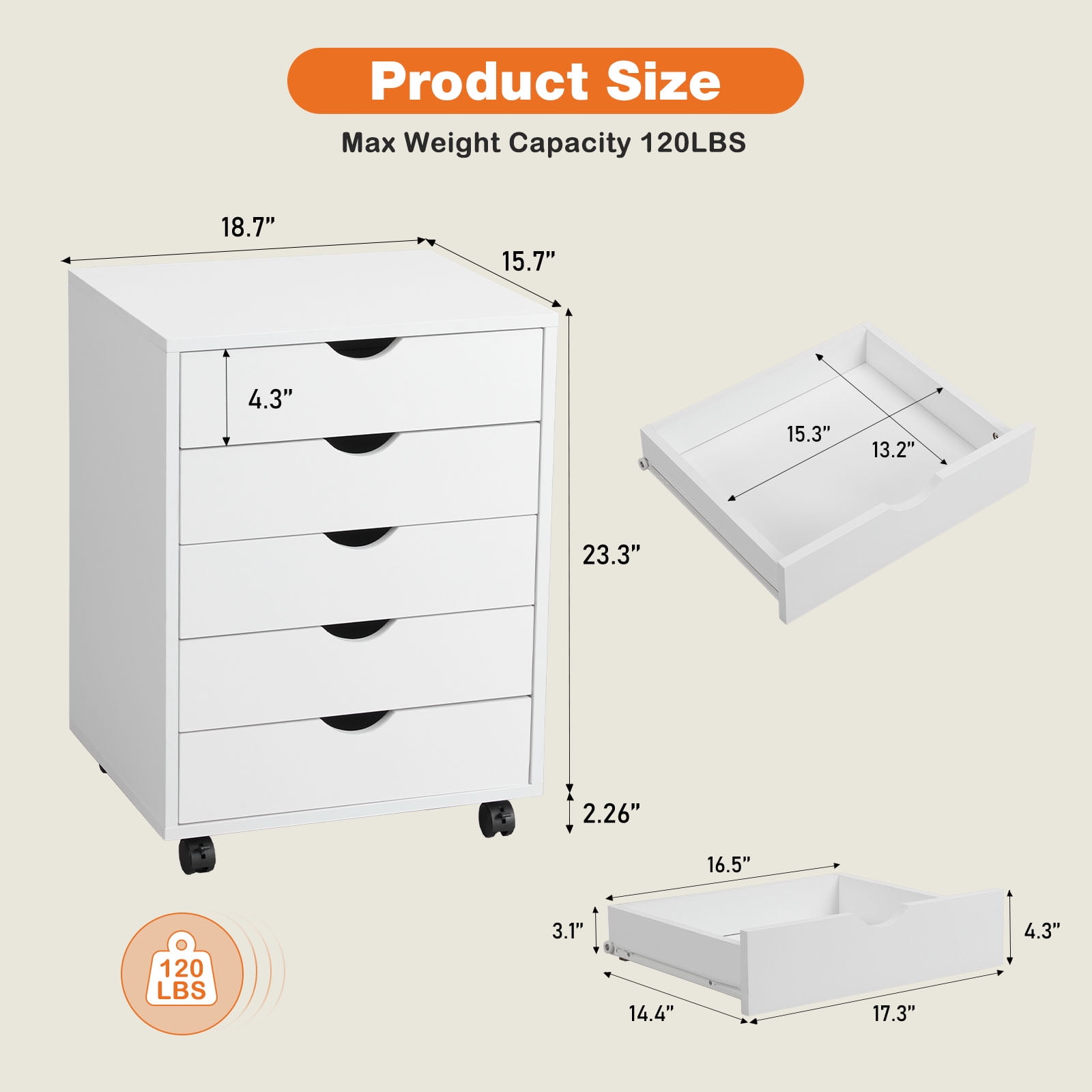 LIFERECORD 5-Drawer Chest, Wood Storage file Cabinet Rolling Storage Dresser with Wheels for Home Office, White