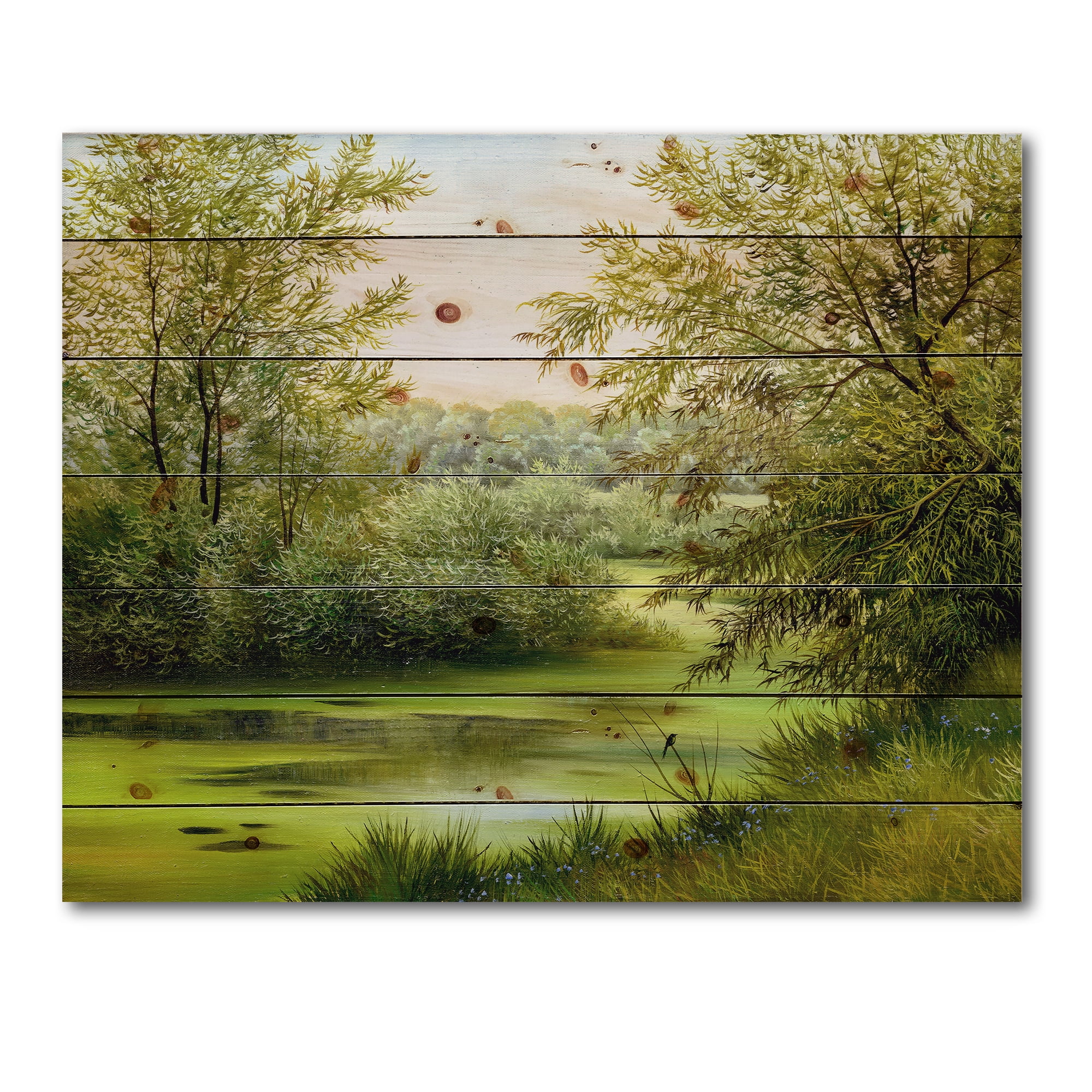 Designart 'Spring Trees With Green Pond' Country Print on Natural Pine Wood