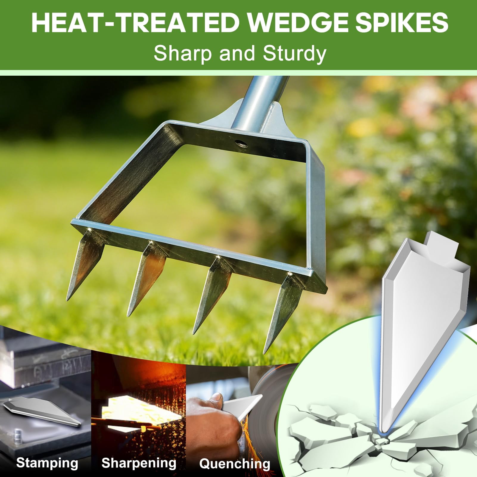 Manual Lawn Aerator Spike Tool  Semi-assembled Non-clogging With 4 Steel Spikes Handle & Reinforced Welding For Compacted Soil Loosening Yard Aeration - Green