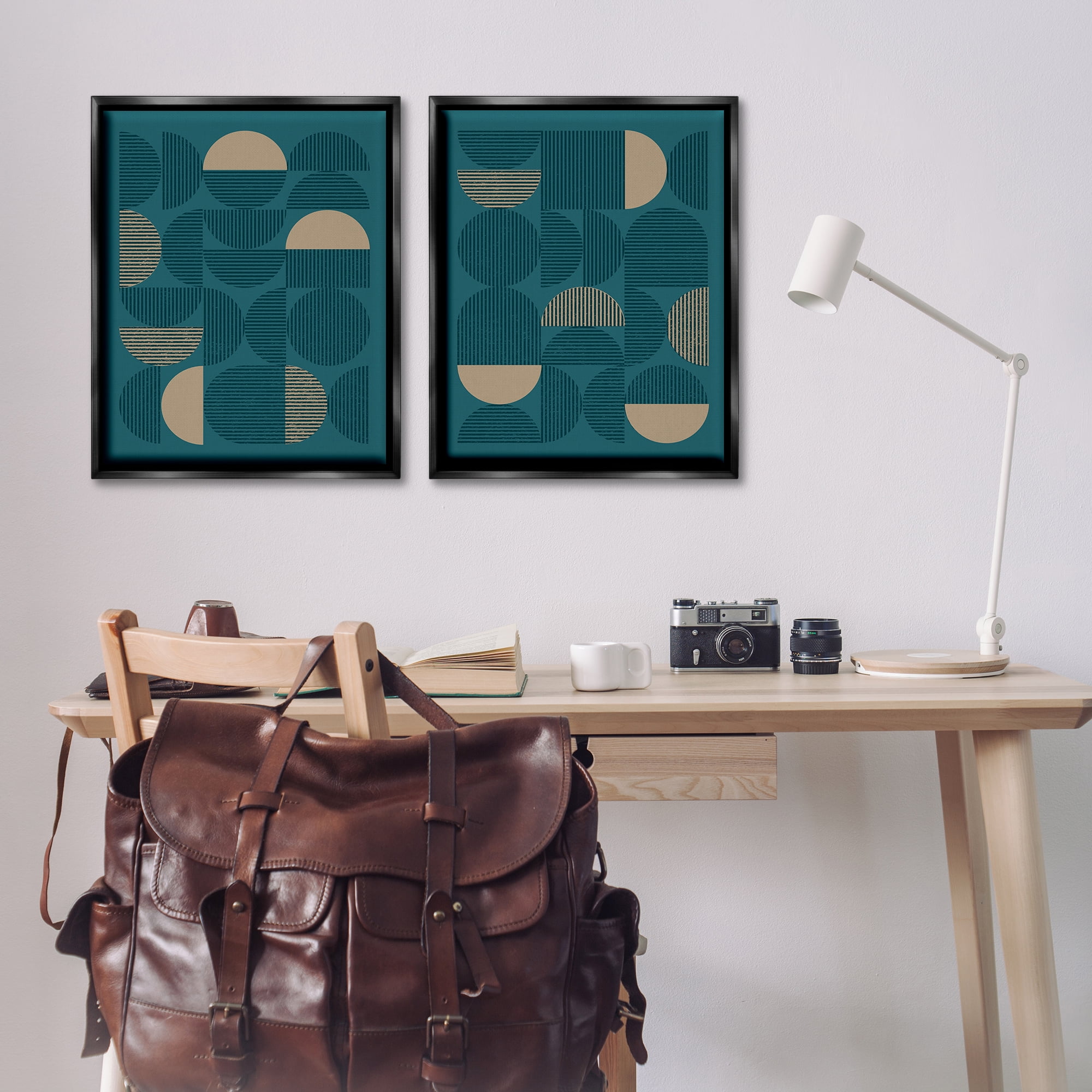Stupell Industries Minimalist Teal Geometric Abstract Painting Black Floater Framed Canvas Art Print Wall Art, 31 x 25, Set of 2