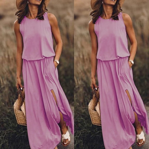 Dresses for Women 2023 Baeitkot Wedding Guest Dresses Casual Sleeveless O-Neck Solid Fork Opening Dress in Season Pink 2XL Size