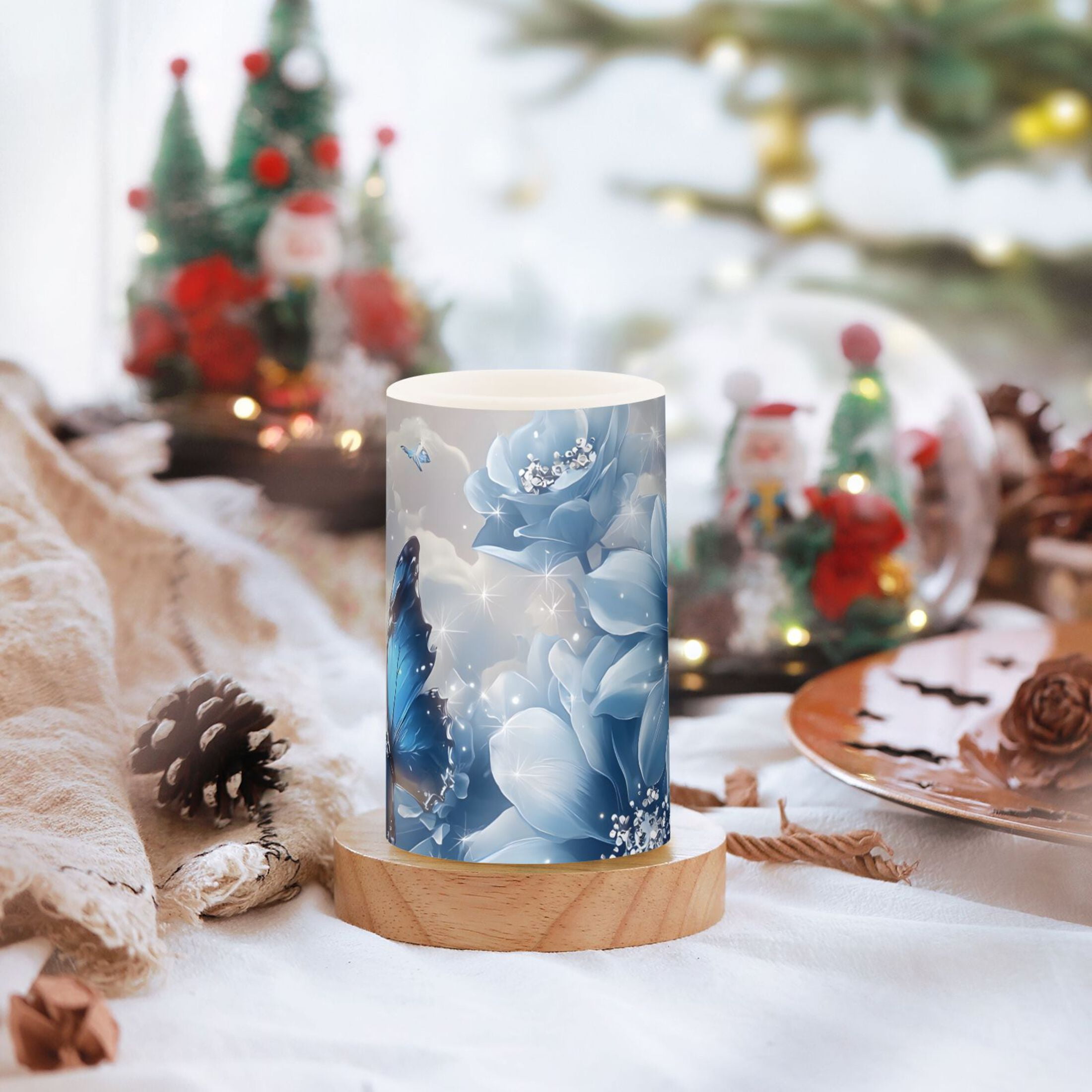 Blue Butterflies Flowers Clouds Flickering Flameless Candles LED Tealight Battery Operated with Remote Set of 2 Holiday Decor Ornaments