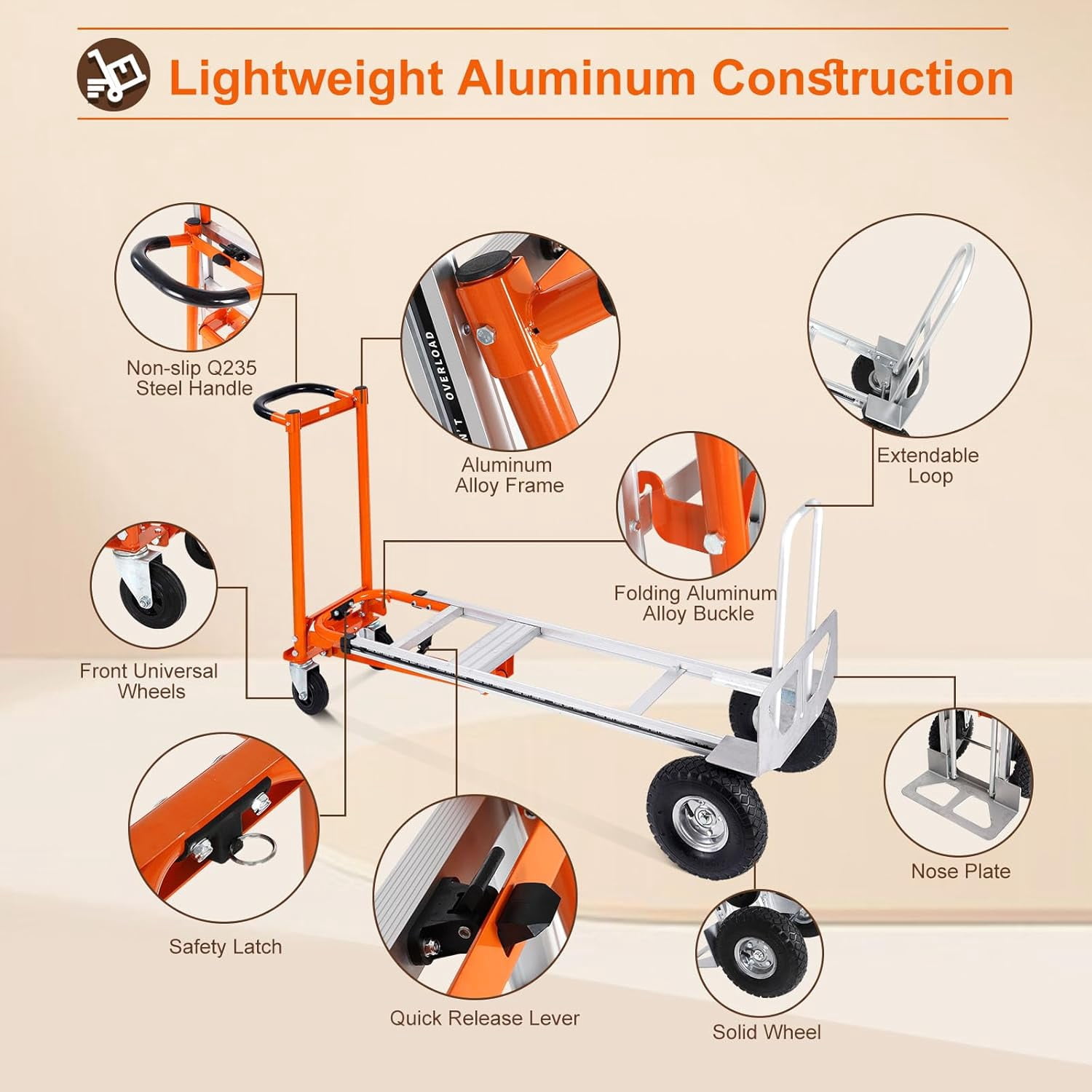 3-in-1 Aluminum Convertible Hand Truck Dolly, 770 lbs Capacity, Industrial Cart with 10" Rubber Wheels, Ergonomic Handle & Extendable Nose Plate