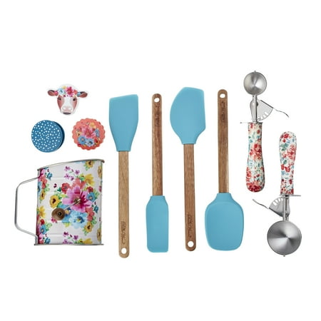 

10-Piece Kitchen Gadget Set with Sifter Spatulas Scoops and Clips Teal/Floral