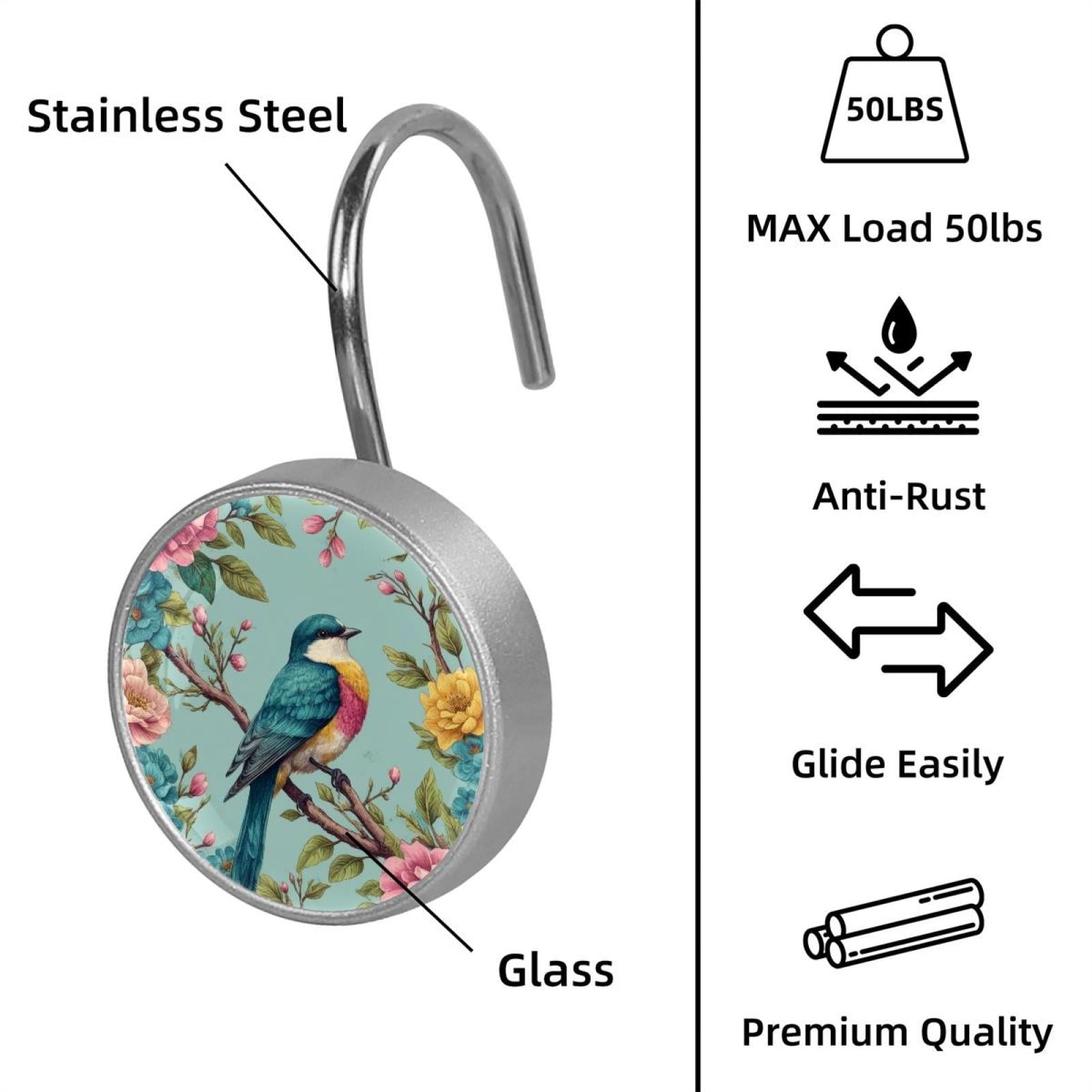 Imobaby 12 Pcs Metal Shower Curtain Hooks Rust Proof for Shower Curtain Liner - Colorful Flower Clusters Magpies
