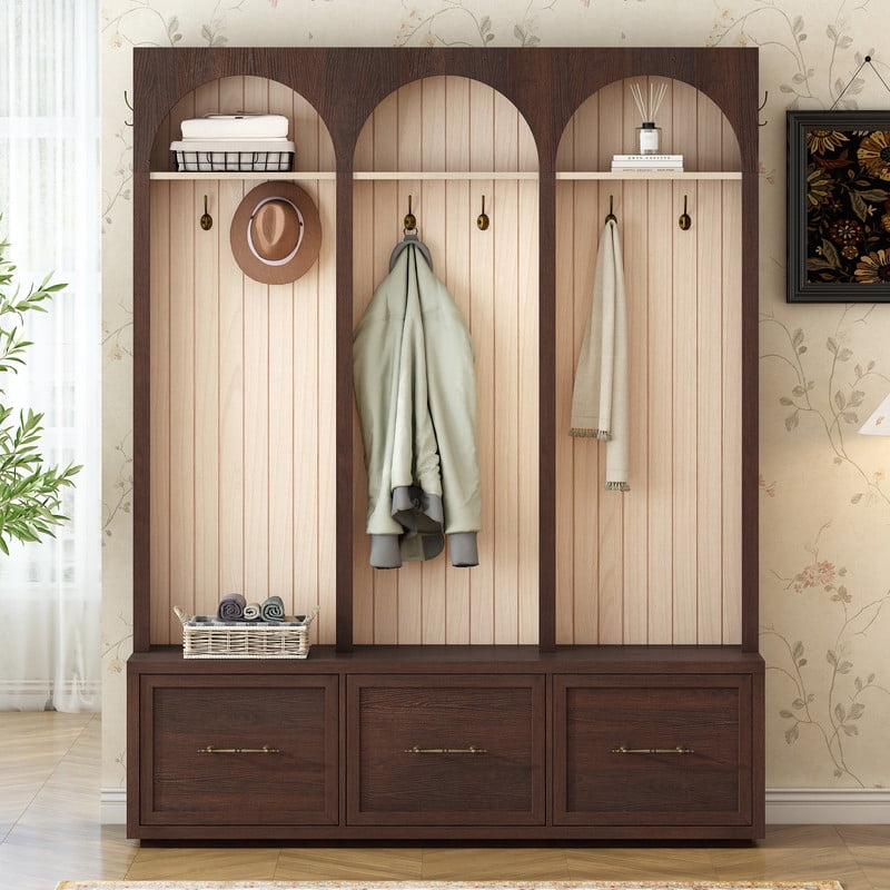 Howcool Farmhouse Hall Tree with Arched Design,8 Hooks & Storage Bench with 3 Drawers for Living Room,Dark Walnut