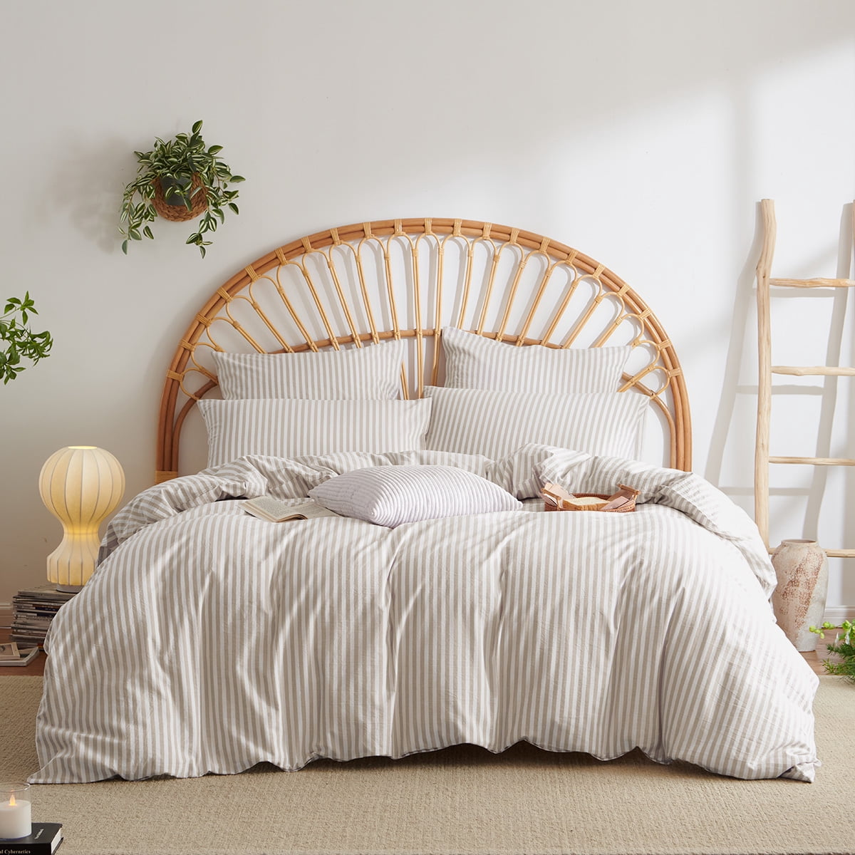 JOLUSERE 100% Organic Cotton Striped Duvet Cover Twin Set, 2-Piece Linen Like Textured Breathable Bedding Cover（Beige& White Classic Stripes）