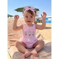 thumbnail image 4 of BemeyourBBs Newborn Baby Girl Summer Clothes Smocked Bubble Romper One Piece Outfit 0 3 6 12 18 Months Strap Sleeveless Ice Cream Embroidery Plaid Gingham Bodysuit with Bow Hairband, 4 of 9