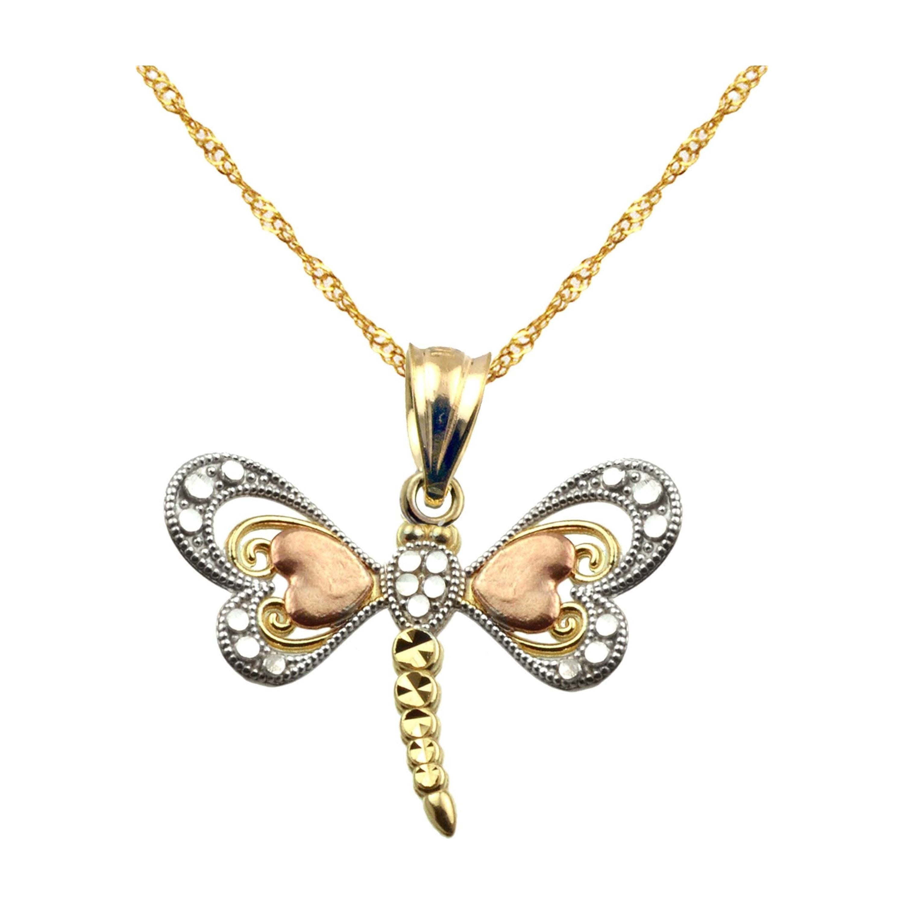 US GOLD Handcrafted 10kt Gold Tri-Color Dragonfly Charm Pendant