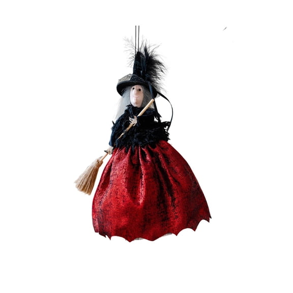 Witch Tree Topper Ornament with Hat and Flying Broomstick, Halloween Witch Doll Decor for Christmas Tree Top Desktop Fireplace Mantel, Spooky Witch Figurine for Home Party Display Use